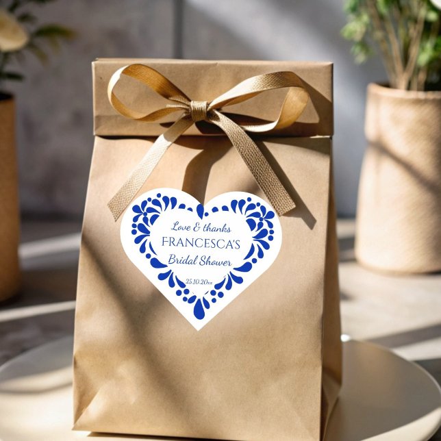 Mexikanisches Talavera-blaues Brautparty Herz-Aufkleber (Mexican blue talavera bridal shower favor sticker heart shaped stickers personalized favor stickers)