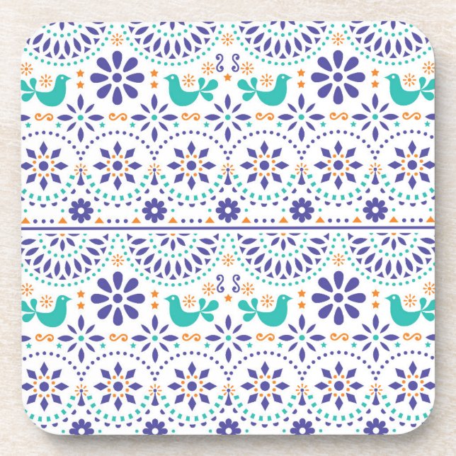 Mexikanisches Vogel-Fliesen-Volkskunst-Muster Getränkeuntersetzer (Vorderseite)