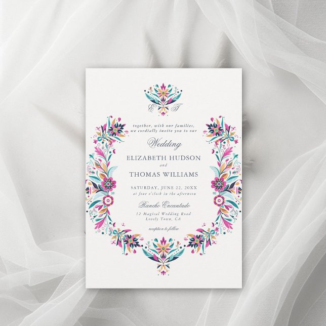 Mexikanisches Wappen-Hochzeit von Rancho Einladung (rancho wedding mexican invitation floral frame watercolor wildflower formal classic traditional pink)