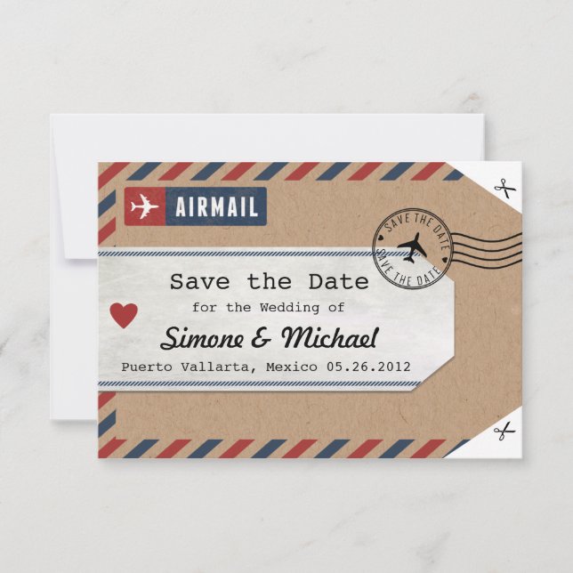 Mexiko Airmail Gepäckanhänger Save the Date mit Ka (Vorderseite)