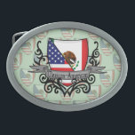 Mexiko-amerikanische Schild-Flagge Ovale Gürtelschnalle<br><div class="desc">Stellen Sie Mexiko dar! Dieses Einzelteil kennzeichnet ein Wappen mit der mexikanischen Flagge und amerikanischer Flagge auf einem heraldischen Schild, das aussehen wie ein Familienwappen und ein Stammes- Tätowierungsentwurf. Kennen Sie mexikanisches jemand oder einen Mexiko-Amerikaner, der ihr Zuhauseland verfehlt und möchten über ihre gebürtige Nation patriotisch sein? Reisende nach Mexiko,...</div>