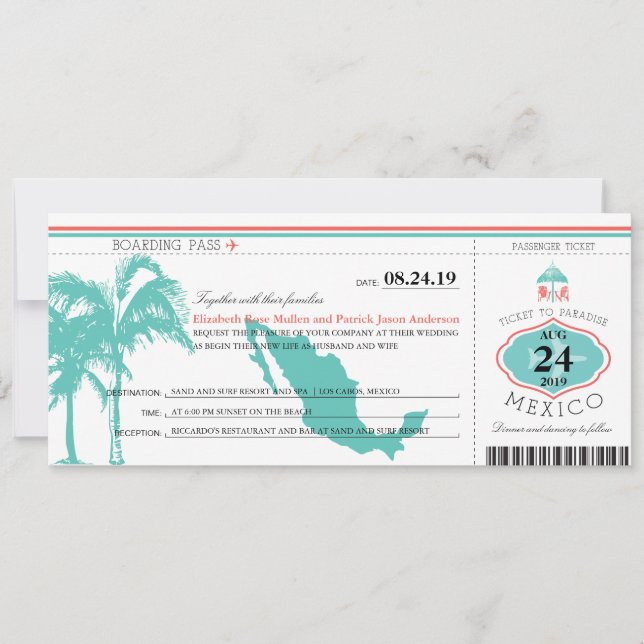 Mexiko Boarding Pass Wedding Einladung (Vorderseite)