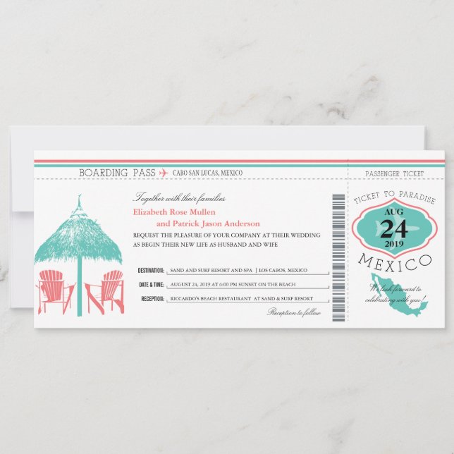 Mexiko Boarding Pass Wedding Einladung (Vorderseite)