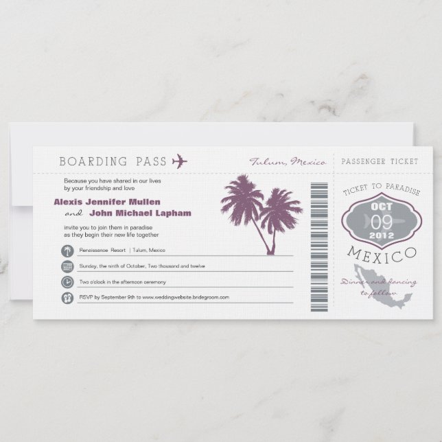 Mexiko-Boarding PassWedding Einladung (Vorderseite)