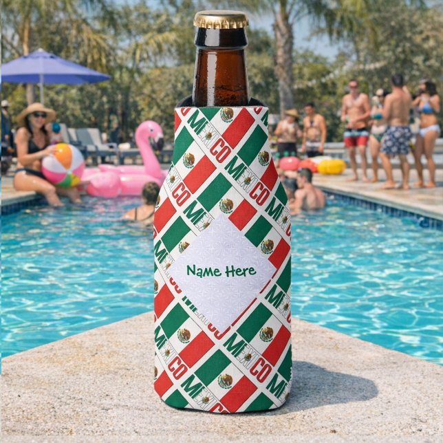 Mexiko Flag Tiled Green Personalisiert Flaschenkühler (Personalized bottle cozie with tiled Mexican Flag and MEXICO. Add a name inside the white fractal.)