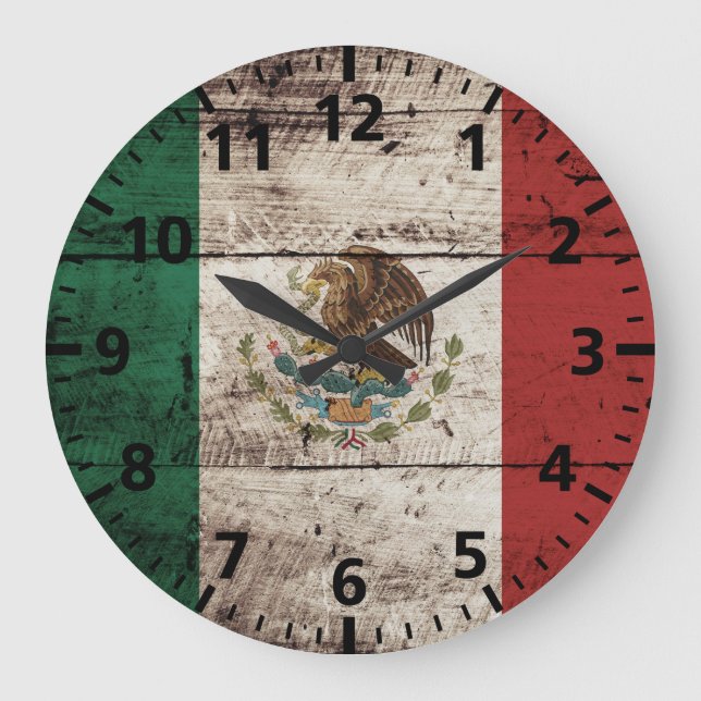 Mexiko-Flagge für altes Holzkörnchen Große Wanduhr (Vorderseite)