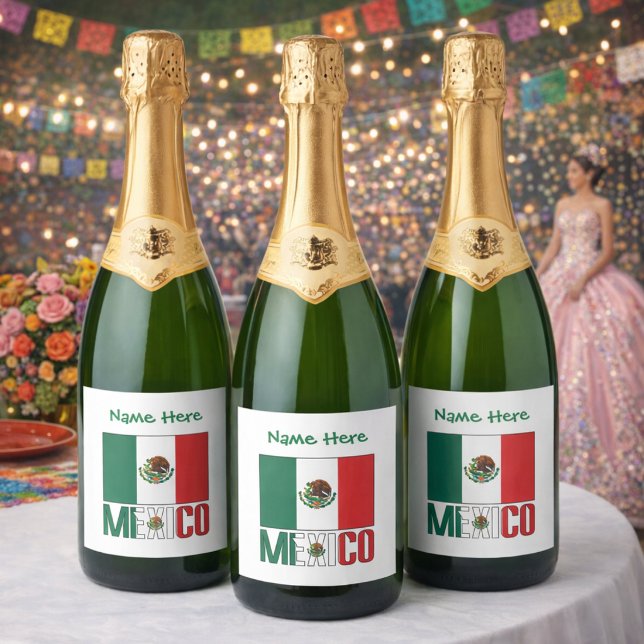 Mexiko - grüne Persönlichkeit der Flagge (Personalized champagne bottle labels have Mexican Flag, MEXICAN below in flag colors. Add name above)