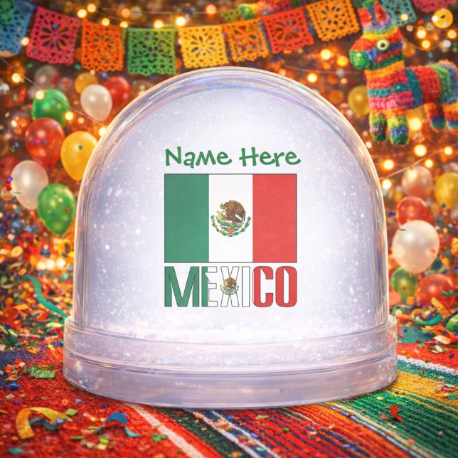 Mexiko - grüne Persönlichkeit der Flagge Schneekugeln (Personalized snow globe has Mexican Flag and MEXICO in flag colors. Add a name above in green text.)