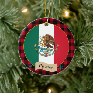 Mexiko, karierte und mexikanische Flagge mit rotem Keramik Ornament