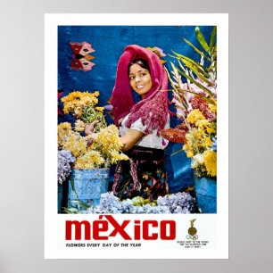 Mexiko, lächelndes Mädchen mit Blumen, Vintage, Re Poster