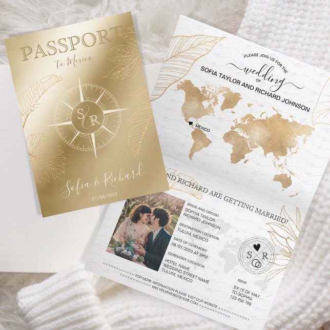 Mexiko - Reisepass für Hochzeiten - Weltkarte Einladung (gold compass passport wedding invitation)