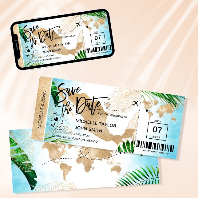 Mexiko Save the Date Boarding Pass World Map Invit Einladung (Von Creator hochgeladen)