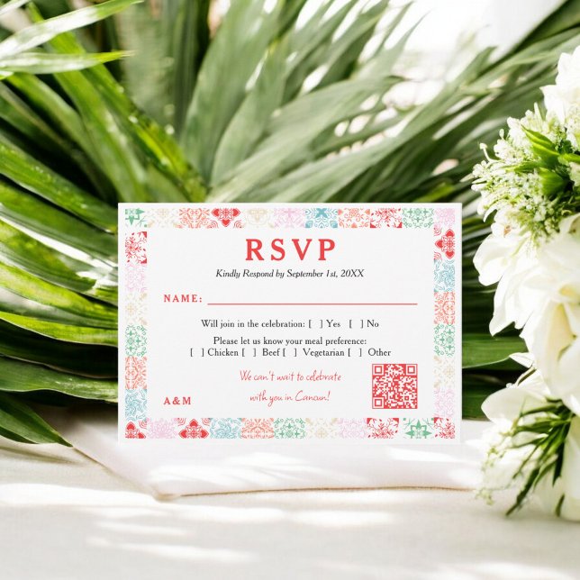 Mexiko Tropenfarbe QR Hochzeit in Urlaubsort RSVP Karte (Mexico tropical watercolor QR destination wedding RSVP Card)
