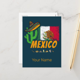 Mexiko Vintage Kaktus mit Flagge Sombrero Souvenir Feiertagspostkarte