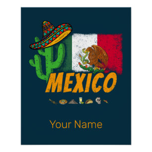 Mexiko Vintage Kaktus mit Flagge Sombrero Souvenir Poster