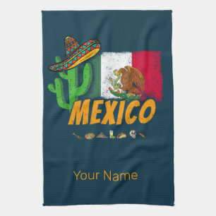 Mexiko Vintager Kaktus mit Fahne Sombrero Souvenir Geschirrtuch