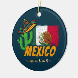 Mexiko Vintager Kaktus mit Fahne Sombrero Souvenir Keramik Ornament