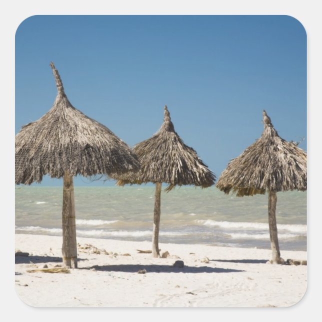 Mexiko, Yucatan-Halbinsel, Progreso. Strohdach Quadratischer Aufkleber (Vorderseite)