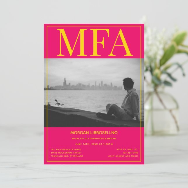 MFA Rosa Gelbes Foto Abschluss Einladung (Stehend Vorderseite)