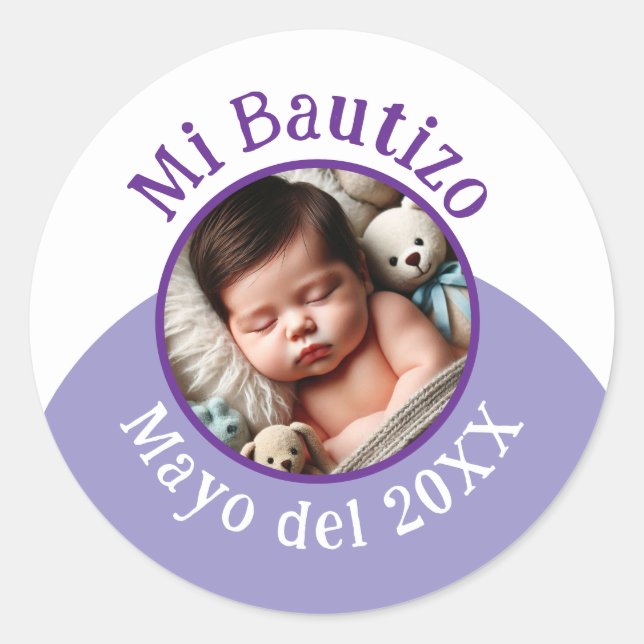 Mi Bautizo con Foto y Fecha Runder Aufkleber (Vorderseite)