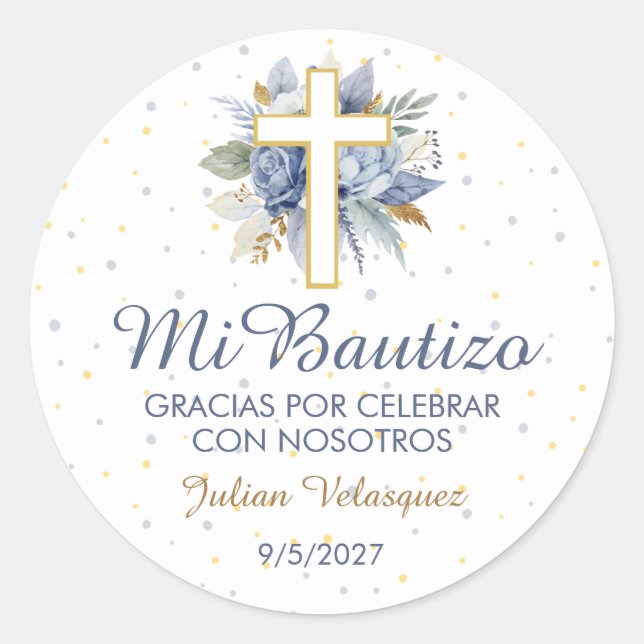 Mi Bautizo Niño Azul Flores Cruz Taufkreuz Runder Aufkleber (Vorderseite)