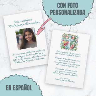 Mi Primera Comunión con foto Cruz y Flores Einladung