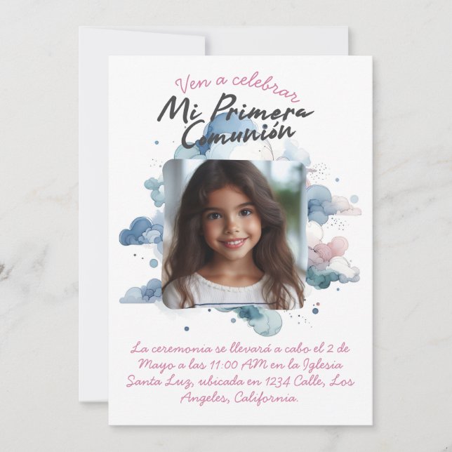 Mi Primera Comunión con foto Spanish Wassercolor Einladung (Vorderseite)