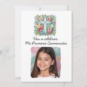 Mi Primera Comunión Cruz & Flores con foto Einladung