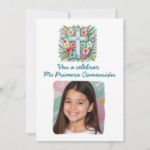 Mi Primera Comunión Cruz & Flores con foto Einladung