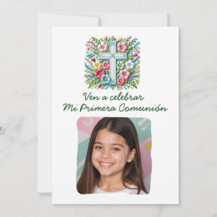 Mi Primera Comunión Cruz & Flores con foto Einladung