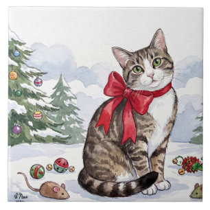 Mia die festliche Katze mit Weihnachtsdekoration Fliese