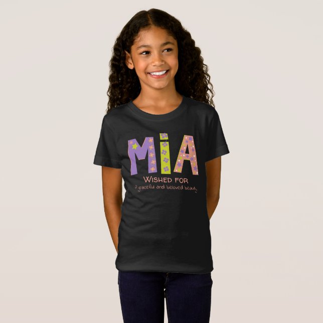 Mia Girls Name bedeutet Korallen lila Blume Sterne T-Shirt (Vorne ganz)