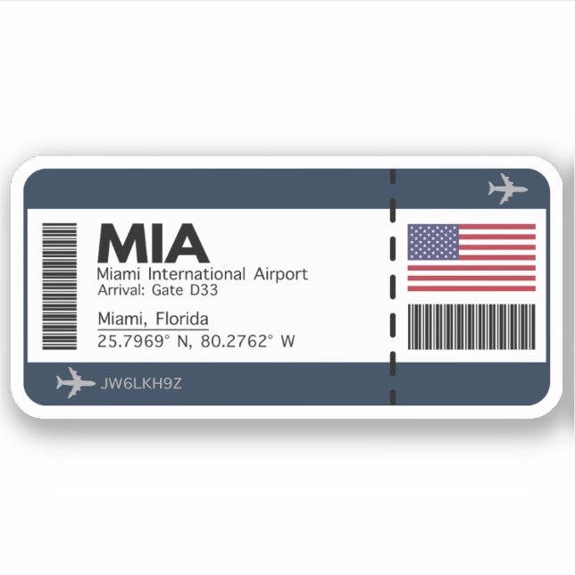MIA Miami Boarding Pass - Eintrittskarte für die S Aufkleber (Vorderseite)