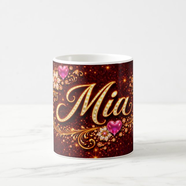 Mia Personalized Mug Pink Hearts Gold Floral Gift Kaffeetasse (Mittel)