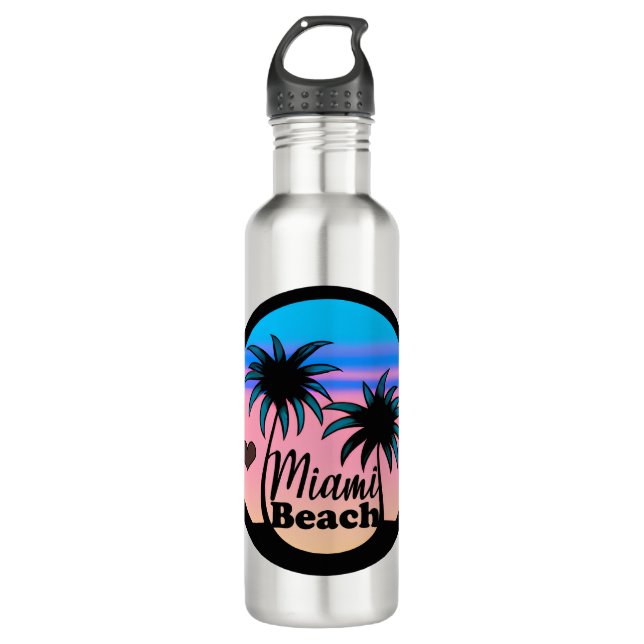 Miami Beach Blue und Pink Palm Trees Edelstahlflasche (Vorderseite)