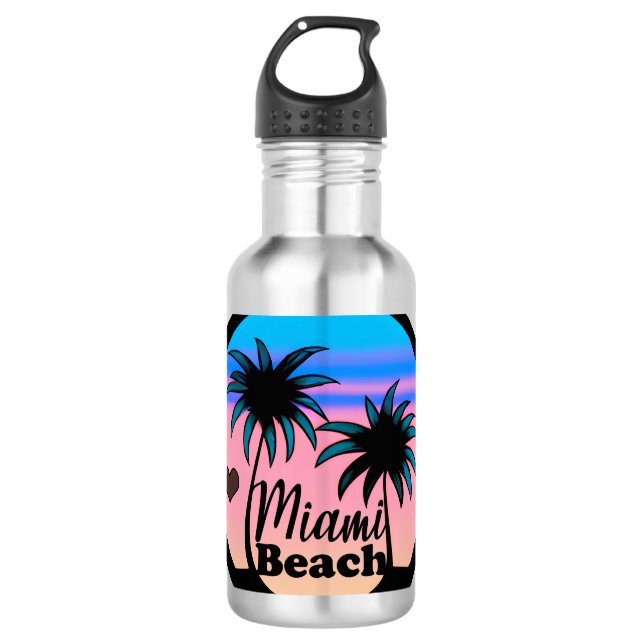 Miami Beach Blue und Pink Palm Trees Edelstahlflasche (Vorderseite)