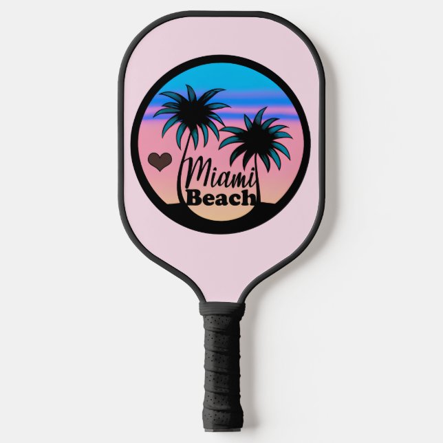 Miami Beach Blue und Pink Palm Trees Pickleball Schläger (Vorderseite)