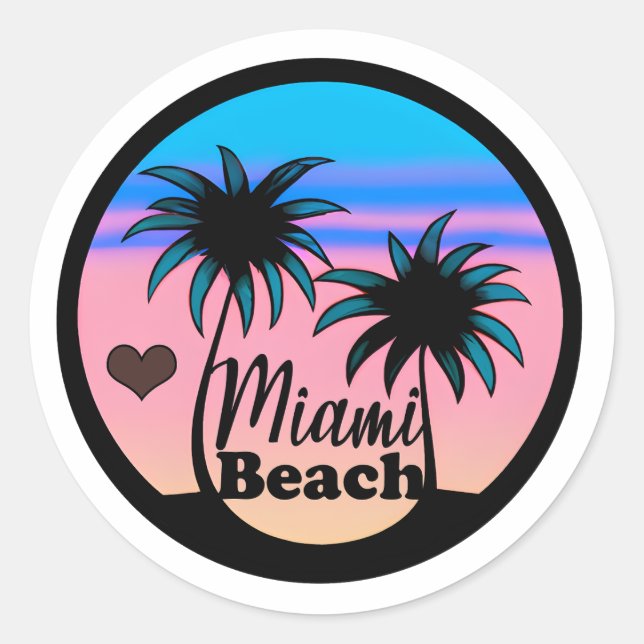 Miami Beach Blue und Pink Palm Trees Runder Aufkleber (Vorderseite)