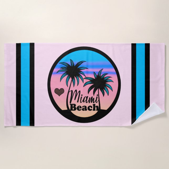 Miami Beach Blue und Pink Palm Trees Strandtuch (Vorderseite)