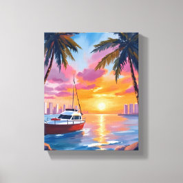 Miami Beach Boat Bay Sunset Watercolor Painting Leinwanddruck