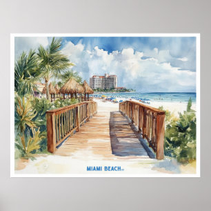 Miami Beach, Florida Aquarellmalerei auf Postkarte Poster
