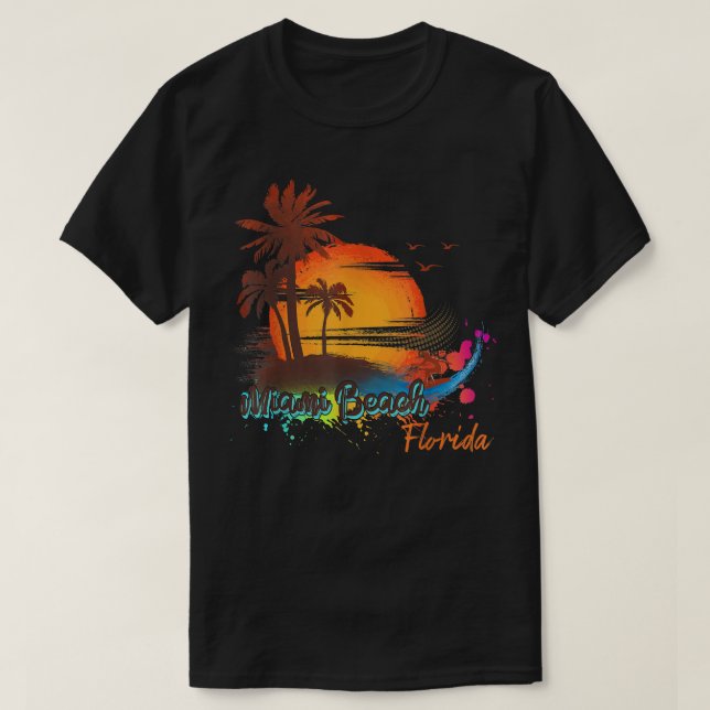 Miami Beach Florida Beach Summer Palm Trees Sunset T-Shirt (Design vorne)