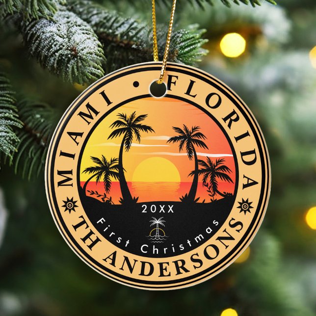 Miami Beach Florida Retro Sunset Palm Tree 80er Keramik Ornament (Von Creator hochgeladen)