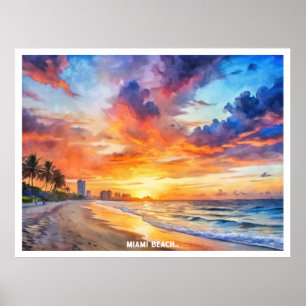 Miami Beach, Florida Sonnenuntergang Aquarellmaler Poster