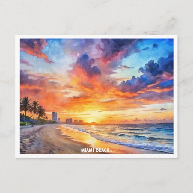 Miami Beach, Florida Sonnenuntergang Aquarellmaler Postkarte (Vorderseite)