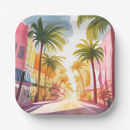 Miami Beach | Helle farbenfrohe Aquarellmalerei Pappteller