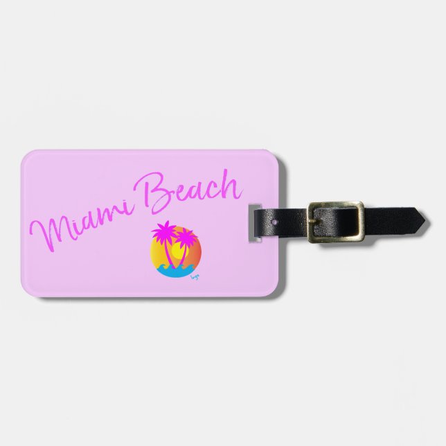 Miami-Beach-Logo-Sonnenpalmen-Rosa-Lila Gepäckanhänger (Vorderseite horizontal)