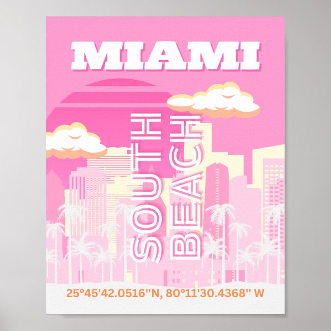 Miami Beach, Miami Travel Art, Preppy, Pink Poster (Vorne)
