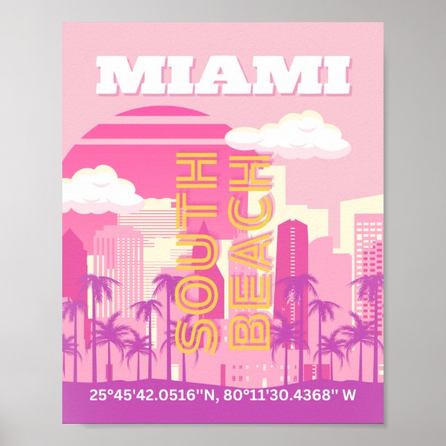 Miami Beach, Miami Travel Art, Preppy Room, Pink Poster (Vorne)