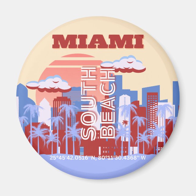 Miami Beach, Miami Travel Art, Retro Magnet (Vorne)